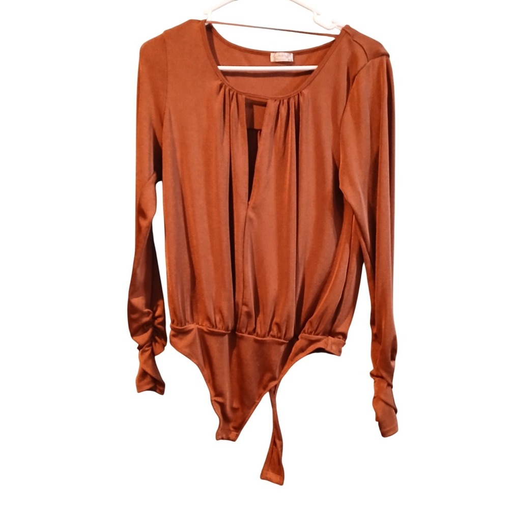 Intimately Free People Rust Brown Keyhole Pleated Bodysuit Long Sleeve Medium